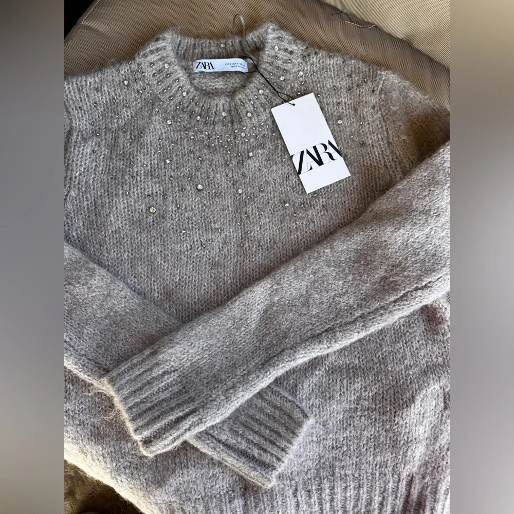 ZARA Beige Gray Rhinestone Knit Sweater Size S Wool Blend NWT